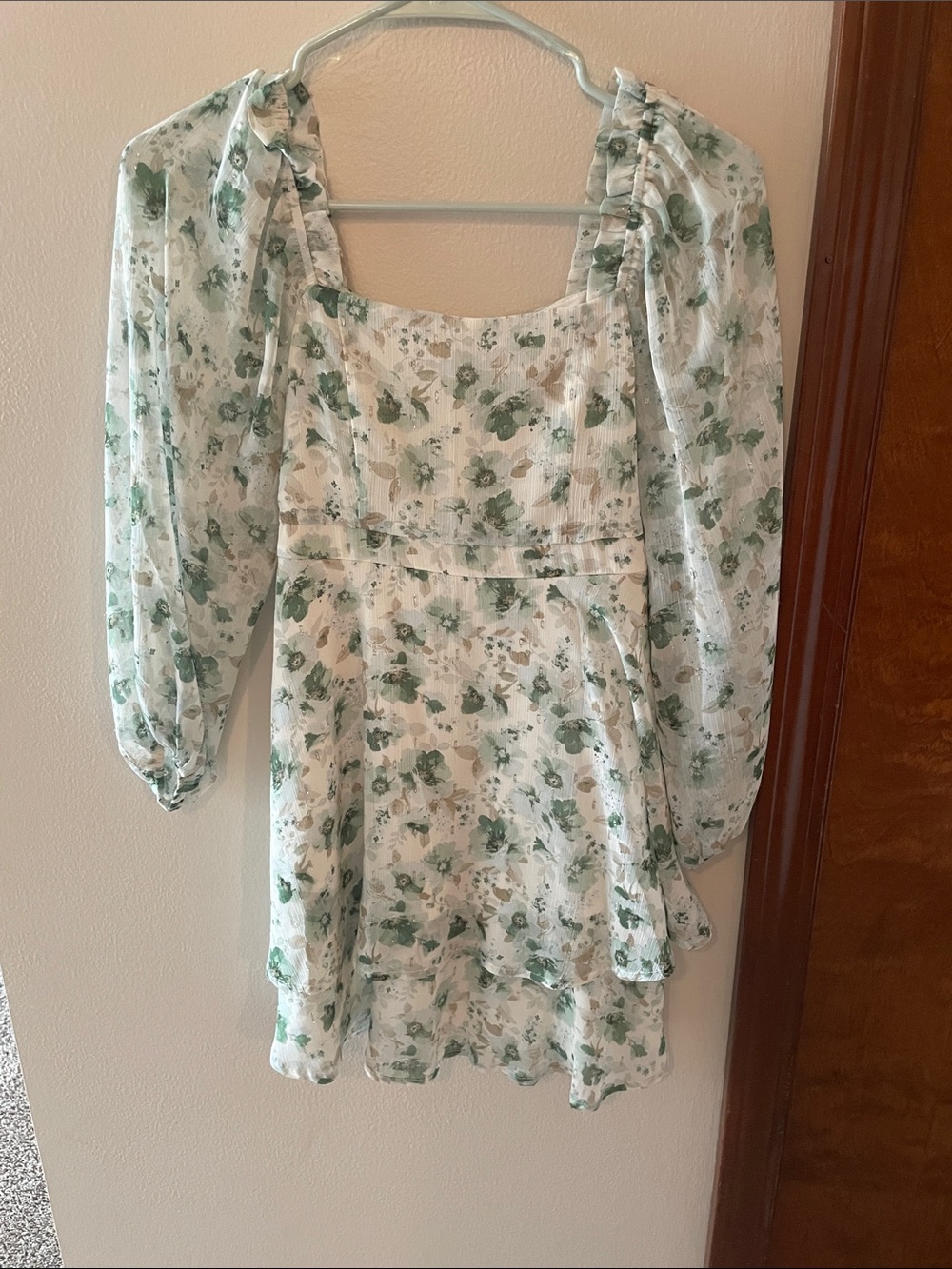 Floral Square Neck Puff Sleeve Mini Dress - Green on White